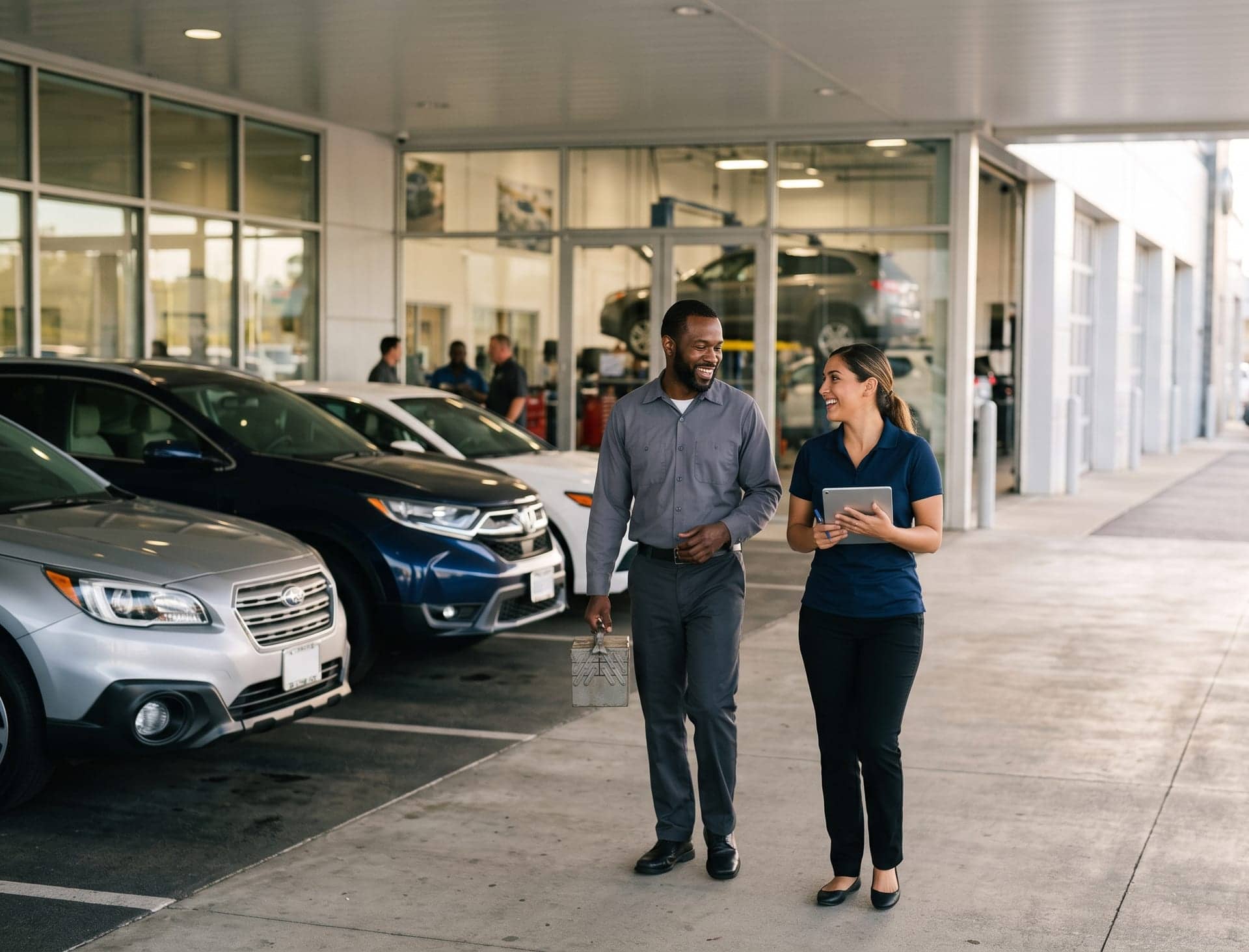 A technician and a service advisor walking past a row of vehicles outside a dealership's service bay